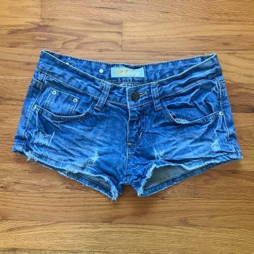 2000s Low Rise Medium Wash Distressed Micro Mini Shorts Size XS/S Preppy Summer